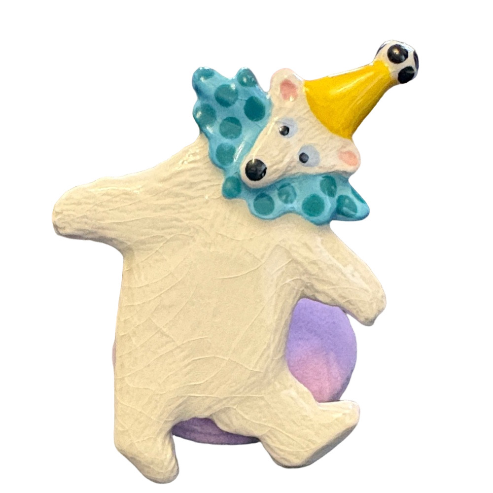 Vintage Hand-Painted Bear Ceramic Brooch with Teal Ruffle and Yellow Hat